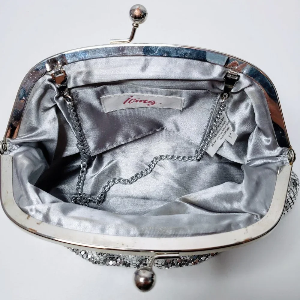 Icing Silver Bling Chain Mesh Clutch Purse Womens Satin Lined Evening Bling